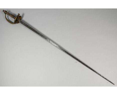 A 1796 pattern British Infantry Officer's sword, the 32ins blade decorated with a stand of arms and scroll work, with shell a