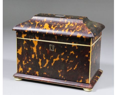 An early 19th Century tortoiseshell rectangular two division tea caddy by lund, 24 Fleet Street, London, with shaped and moul