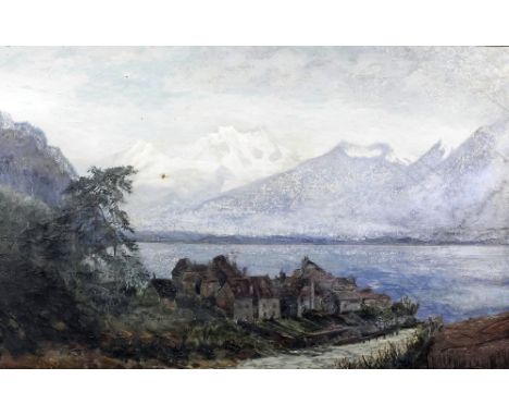Nelson K. Cherrill (19th Century) - Oil painting - Village beside a lake with mountains to background, canvas 13.25ins x 21.2