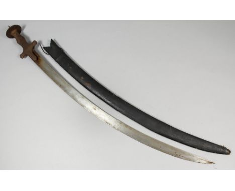 A 19th Century Indian Talwar with 30ins curved blade, steel hilt and grip, 35ins overall, and leather scabbard 