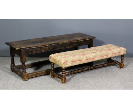 An old oak rectangular bench on turned supports and plain stretchers, 49ins wide x 16ins deep x 17ins high, and an oak rectan