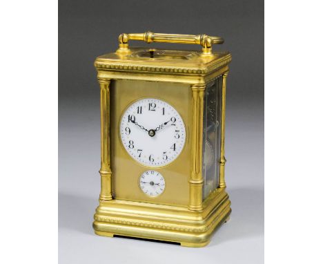 A late 19th Century French carriage clock No.630, the 2ins diameter white enamel dial with Arabic numerals to the eight day t