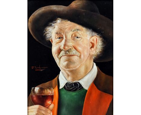 ***Otto Eichinger (1922-2004) - Oil portrait - "A Glass of Wine" - Head and shoulders of a Tyrolean Toper, panel 10.5ins x 7.