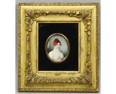 Bass (early 19th Century School) - Miniature shoulder-length portrait of Elizabeth Paule aged 46 years, oval 2.75ins x 2.25in