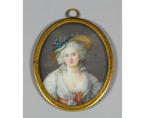 19th Century French School - Miniature shoulder length portrait of a lady in 18th Century dress wearing a wide brimmed hat, o