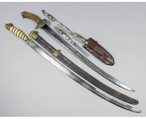 A 19th Century European hunting short sword, the 25ins steel blade with metal bound ivory grip and cast gilt pommel of a bear