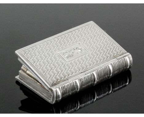 A William IV silver rectangular book pattern vinaigrette with moulded spine and engine turned ornament to top and base, the g