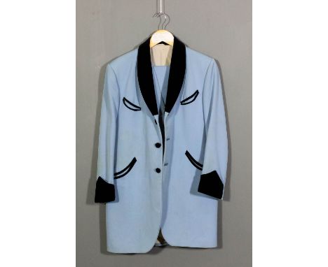 A 1950s blue "Teddy Boy" suit by Sir Frederick of London, comprising - coat (medium), trousers (waist 31ins - 32ins and leg s