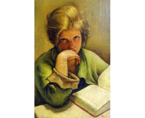 ***Octavian Angheluta (1904-1979) - Oil painting - "Lecturia Nocturna" - half length portrait of a young girl reading, board 