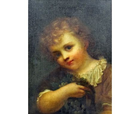 19th Century British School - Oil painting - Shoulder length portrait of a young boy holding a bunch of grapes, canvas 13ins 