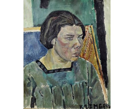 ARR Pinkchus Krenegne (1890-1981) - Oil painting - Shoulder length portrait of a seated woman in a blue dress, canvas 21.75in