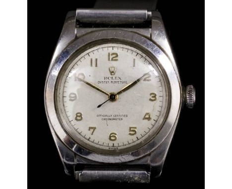 A late 1950s boy's stainless steel Rolex Oyster Perpetual chronometer, the white dial with gold Arabic numerals and seconds s