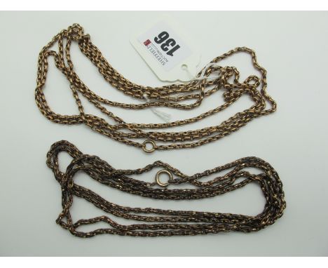 A Guard / Muff Style Chain, (no clasp); together with another example, with large bolt ring clasp. (2) 