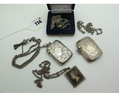 Two Hallmarked Silver Vesta Cases, each with allover leaf engraved decoration; together with an Albertina; a novelty hallmark