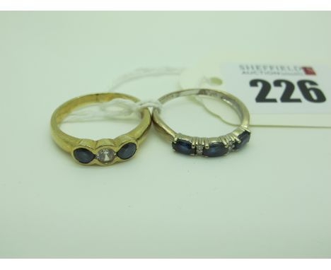 A Modern 9ct Gold Three Stone Ring, rubover set (finger size Q); together with a modern three stone ring, with inset highligh