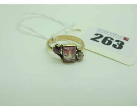 A Vintage Three Stone Ring, of crossover design, rectangular collet and claw set (finger size M). 