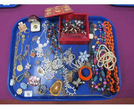 Assorted Costume Jewellery, including bead necklaces, diamanté, assorted brooches, Maltese Modernist style panel pendant, imi