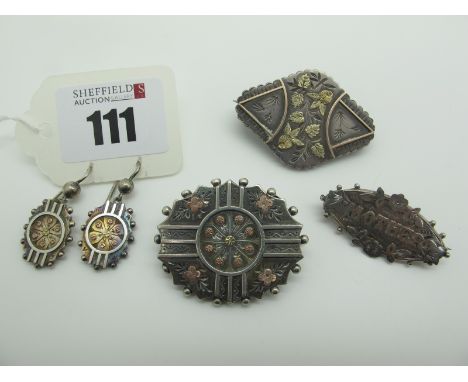 A Victorian Panel Brooch, with foliate engraved decoration; together with matching panel drop earrings; a hallmarked silver '
