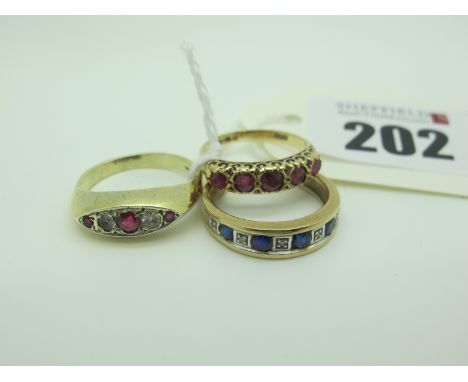 A 9ct Gold Five Stone Ring, graduated set, within fancy setting, between textured shoulders (finger Size I), and a modern hal