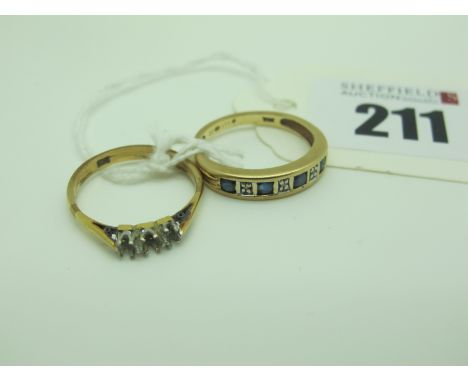 A Modern Half Eternity Style Ring, alternate inset (finger size L), and another ring, stamped "9ct" (shank only) (total weigh