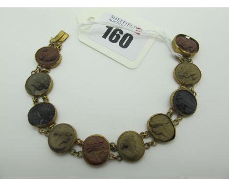 A Victorian Lava Cameo Panel Style Bracelet, oval collet set, to snap clasp.