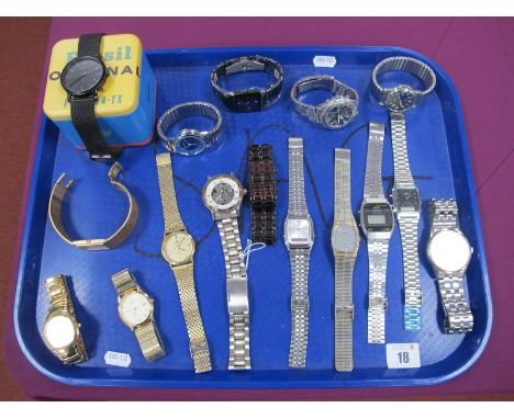 Fossil, Lorus, Citizen, Casio and Other Modern Gent's Wristwatches:- One Tray (16).