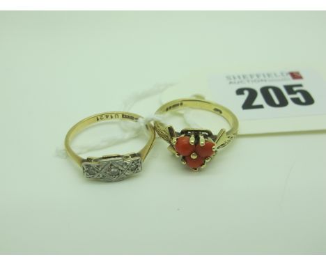 An Art Deco Style Ring, inset highlights, stamped "9ct" "Plat" (finger size N½), a 9ct gold claw set coral coloured dress rin