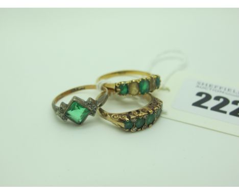 A 9ct Gold Emerald Set Ring, of antique style; together with an antique five stone ring, alternately set, stamped "15ct"(?) a