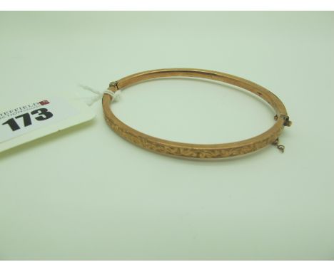 A Dainty 9ct Rose Gold Hinged Bangle, engraved to the front, (lacking safety chain) (4.6grams). 