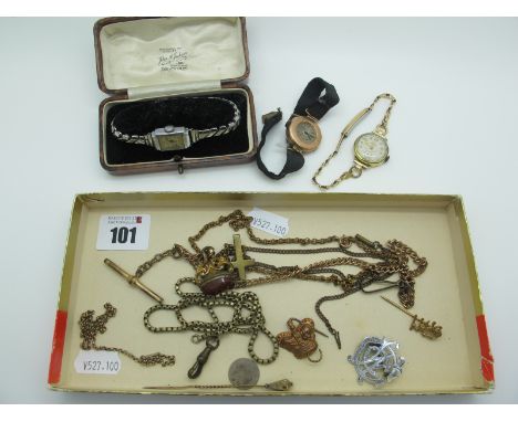 A Vintage 9ct Gold Cased Ladies Wristwatch, on ribbon strap (damage / incomplete); further ladies wristwatches, a gold plated
