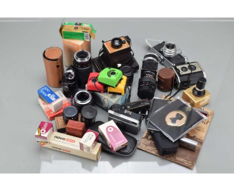 A Box of Camera Related Items, including an Edixa Reflex, shutter not working, with 50mm f/2.8 Cassar lens, G, still sealed f
