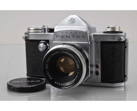 An Asahi Pentax S SLR Camera, chrome, 1957-65, serial no 144871, shutter working, body VG, with Super Takumar 55mm f/2,2 lens
