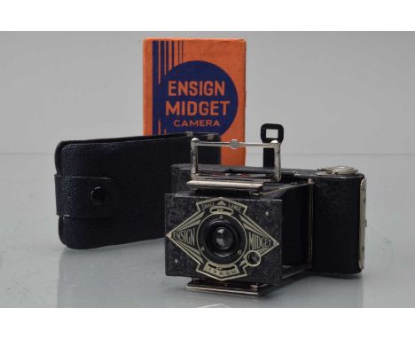 An Ensign Midget Folding Strut Camera, shutter working, body G-VG, bellows G-VG, elements G-VG, in case, in maker's box, with