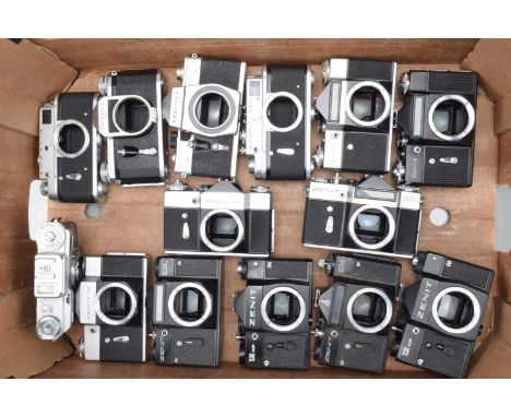 A Tray of Eastern Bloc Camera Bodies, two Zenit-B, two Zenit EM, two Zenit 12 XP, a Zorki 4, Penatcon FM and a Praktica LTL, 