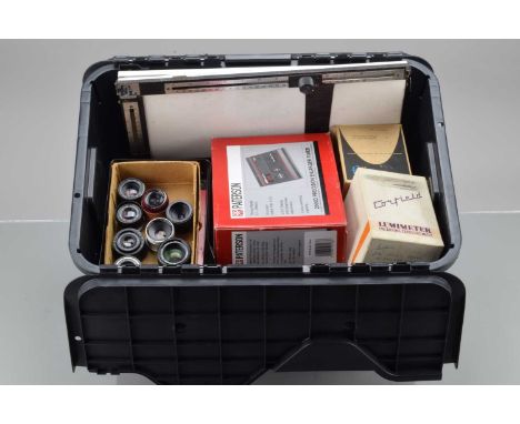 A Box of Darkroom Equipment, including two easels, enlarger lenses, Paterson 2000D timer, Corfield Lumimeter, Photax rocker d