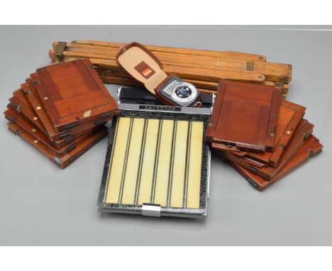 Mahogany & Brass and Camera Accessories, nine half plate DDS, a set of tripod legs, two contact proof printers and a Gossen L