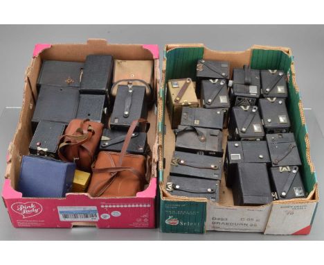 Two Trays of Box Cameras, manufactures include Kodak, Ensign, Rex and other examples, mostly AF