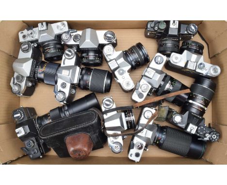 A Tray of Eastern Bloc SLR Cameras, a Praktica Super TL, Nova B, Nova IB, EE3, MTL 50, MTL 3, B100, Zenit 11, B, all shutters