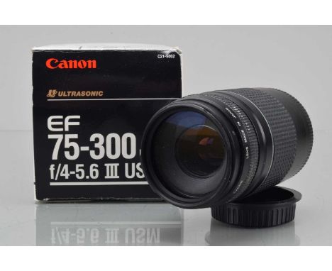A Canon EF 75-300mm f/4.5-5.6 III USM Lens, auto focusing working, barrel G, elements G-VG, with front and rear caps, lens ma