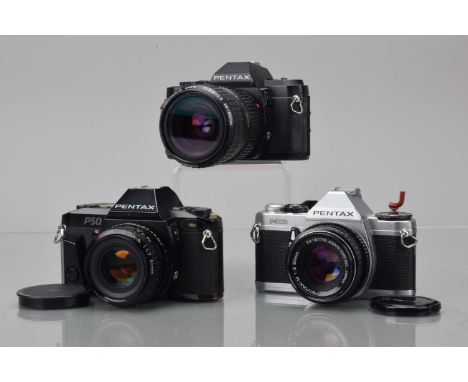 Three Pentax SLR Cameras, a Pentax P50, shutter working, meter responsive, responsive in auto, self timer working, body G, so