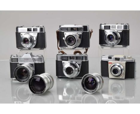 A Group of Kodak 35mm Cameras, a Kodak Retina Reflex S, shutter working, light cell responsive, body G-VG, with Schneider Kre