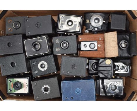 A Tray of Box and Bakelite Cameras, including two Baby Brownie Special, an Ensign Ful-Vue Super, Agfa Clack, Kodak Baby Hawke
