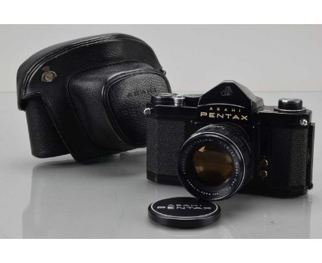 An Asahi Pentax S3 SLR Camera, black, serial no 352069, shutter working, body G-VG, slight wear, with Auto Takumar 55mm f/1.8