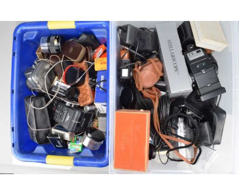 Two Boxes of Camera Related Items, including light meters, filters, flash units, caps, tubes, converters, filters and other i