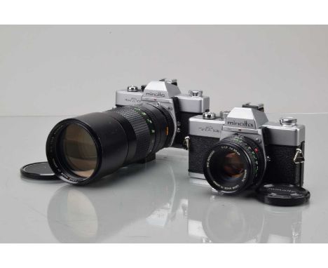 Two Minolta SLR Cameras, a Minolta SRT 101b, shutter working, meter responsive, self timer working, body G-VG, with MD Rokkor