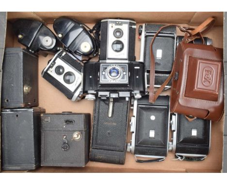 A Tray of Folding Box and Bakelite Cameras, including two Ensign Selfix 820, an Agfa Isolette III, other folding cameras, Sup