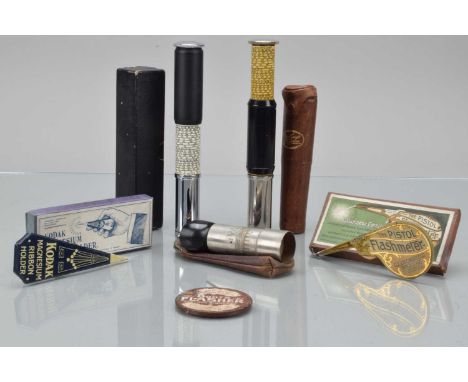 Camera Related Accessories, a Kodak & The Pistol Flashmeter magnesium ribbon holders, round tin of Boors magnesium ribbon, Gi