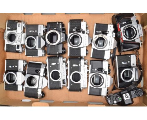 A Tray of Eastern Bloc Camera Bodies, a Praktica LLC, BCA, PLC 2, MTL 5B, MTL 3, B 200, Nova, Zorki 4 (2), Zenit EM, B, E and