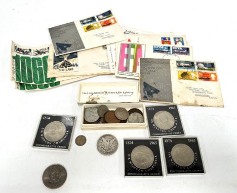COINS: A collection of coins to include; an 1892 USA Morgan Dollar, Churchill commemorative coins, collection of pennies, als