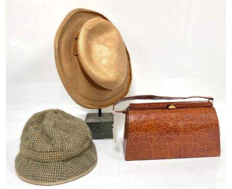 A reptile skin ladies handbag, 15 cm,&nbsp; a French painter style hat, another hat, hat stand and dressing gown.&nbsp;